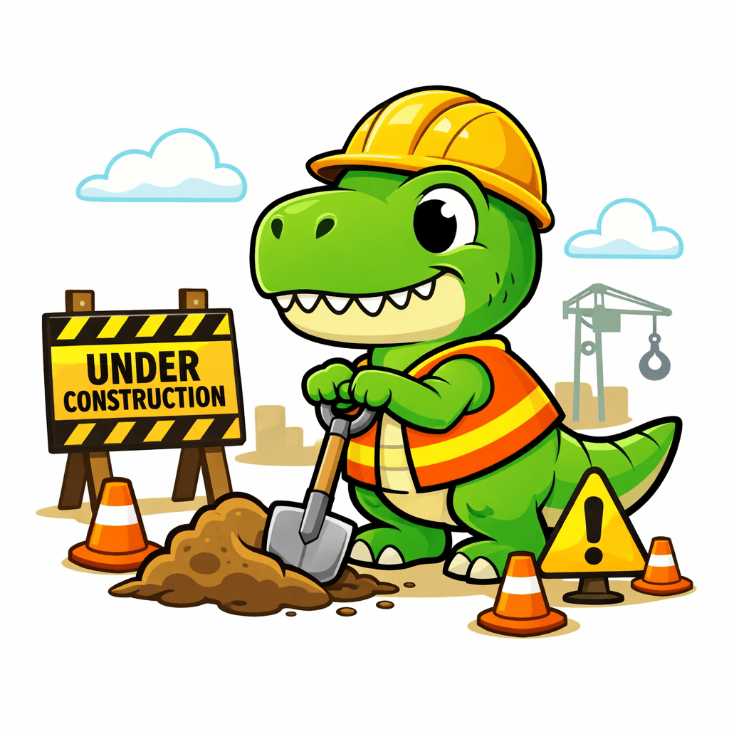 Friendly green construction dinosaur in a hard hat and safety vest digging with a shovel.